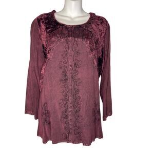 Braja Maroon Boho Velvet Long Sleeve Tie Back Shirt Women's Size Large